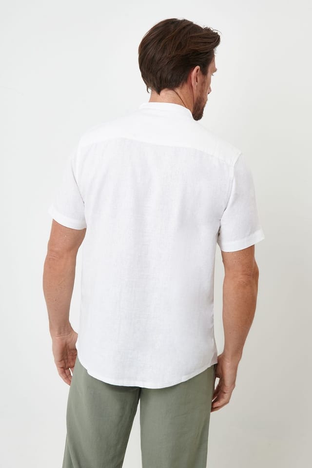 Threadbare Threadbare Men's Grandad Collar Linen Blend Short Sleeve Shirt in White - 2