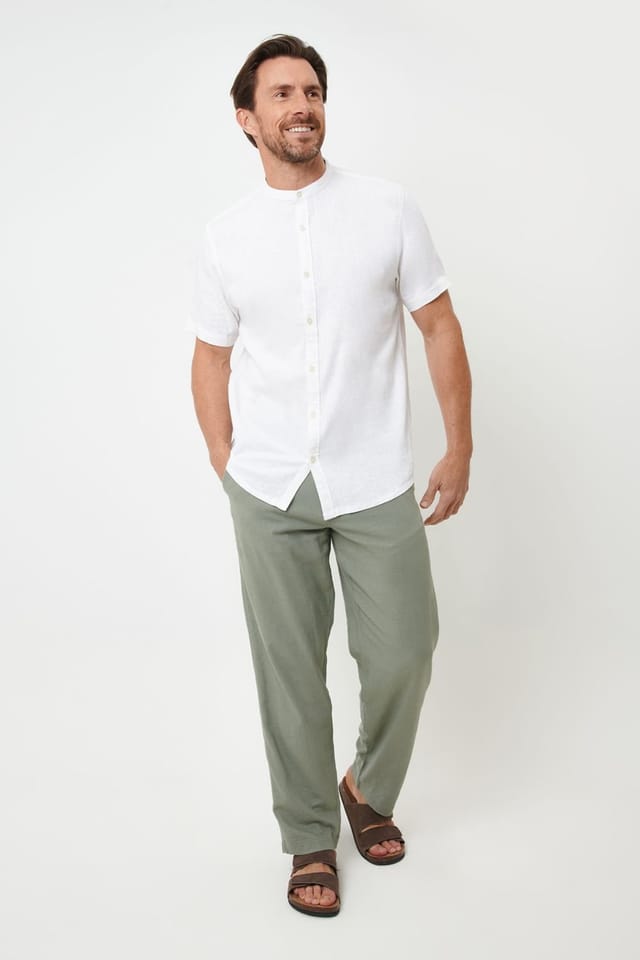 Threadbare Threadbare Men's Grandad Collar Linen Blend Short Sleeve Shirt in White - 3