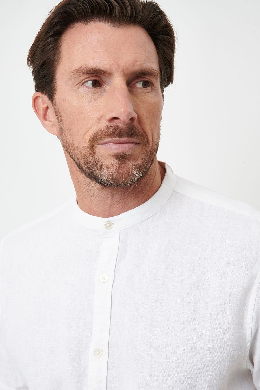 Threadbare Threadbare Men's Grandad Collar Linen Blend Short Sleeve Shirt in White - 4