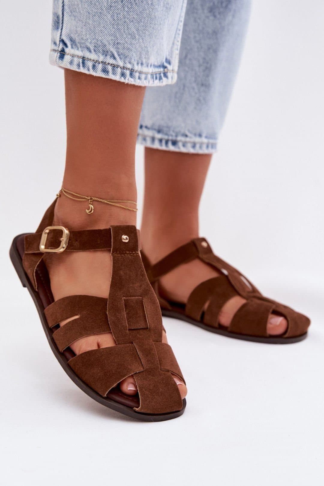 Love Lace Love Lace Women's Flat Roman Sandals with Adjustable Strap & Gold Buckle in Brown