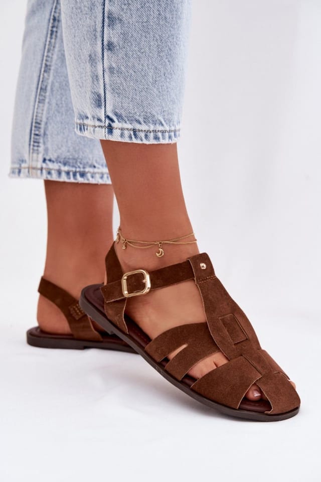 Love Lace Love Lace Women's Flat Roman Sandals with Adjustable Strap & Gold Buckle in Brown - 3