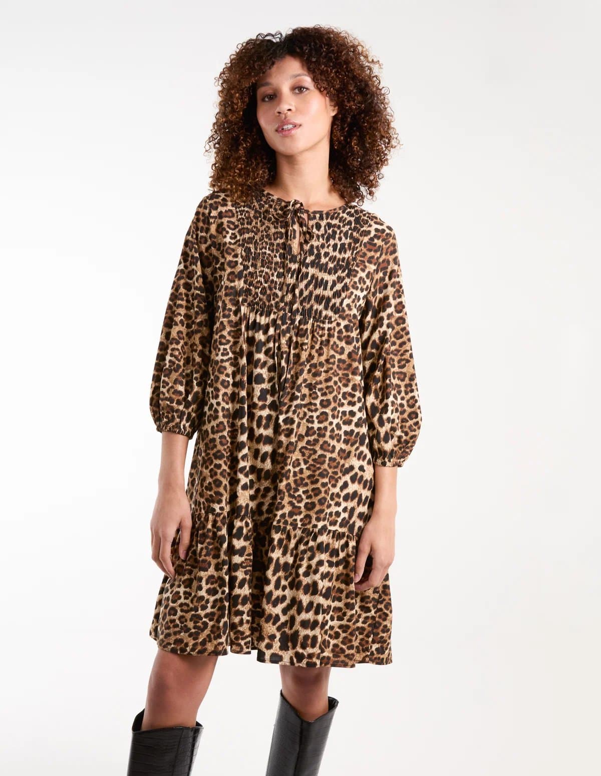 Blue Vanilla Leopard Print Shirred Front Tie Neck Smock Dress