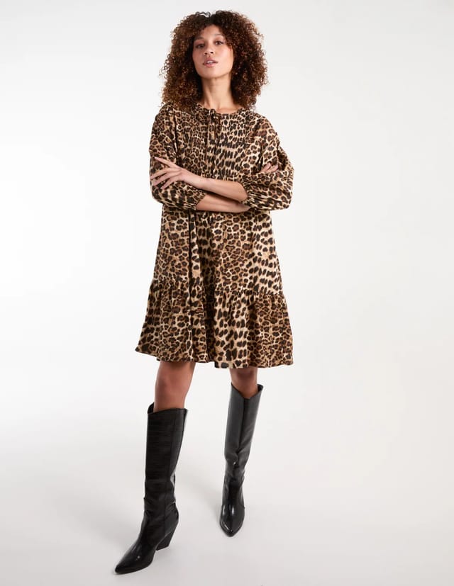 Blue Vanilla Leopard Print Shirred Front Tie Neck Smock Dress - 2