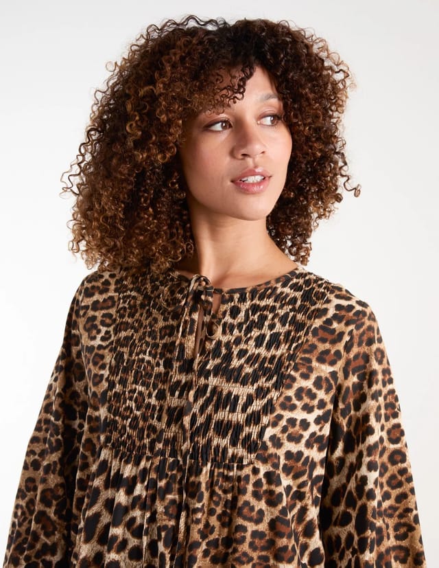 Blue Vanilla Leopard Print Shirred Front Tie Neck Smock Dress - 3