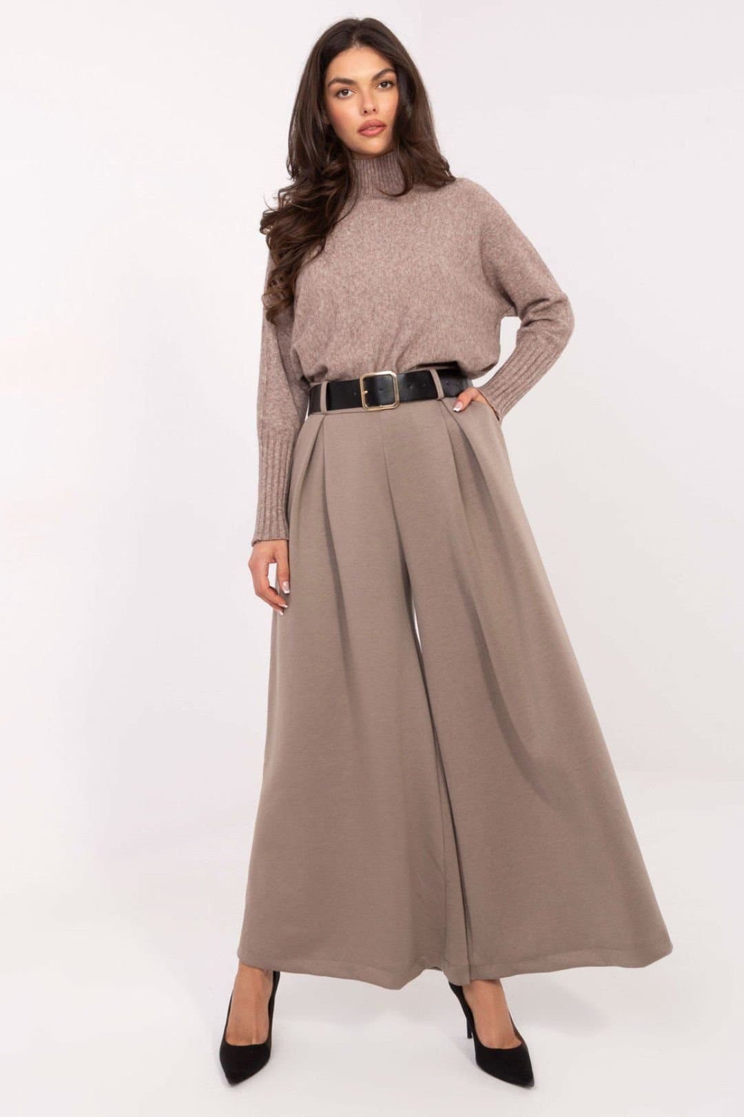 Love Lace Love Lace Women's Elegant High Waist Pleated Palazzo Trousers Style 220012 in Taupe
