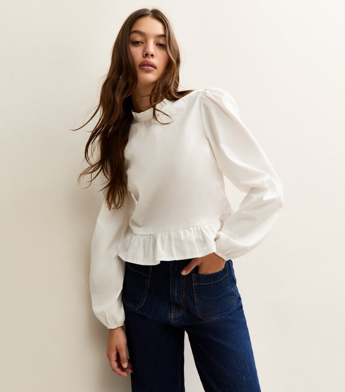 New Look Women's Off White Cotton Ruffled Collar Long Sleeve Top New Look