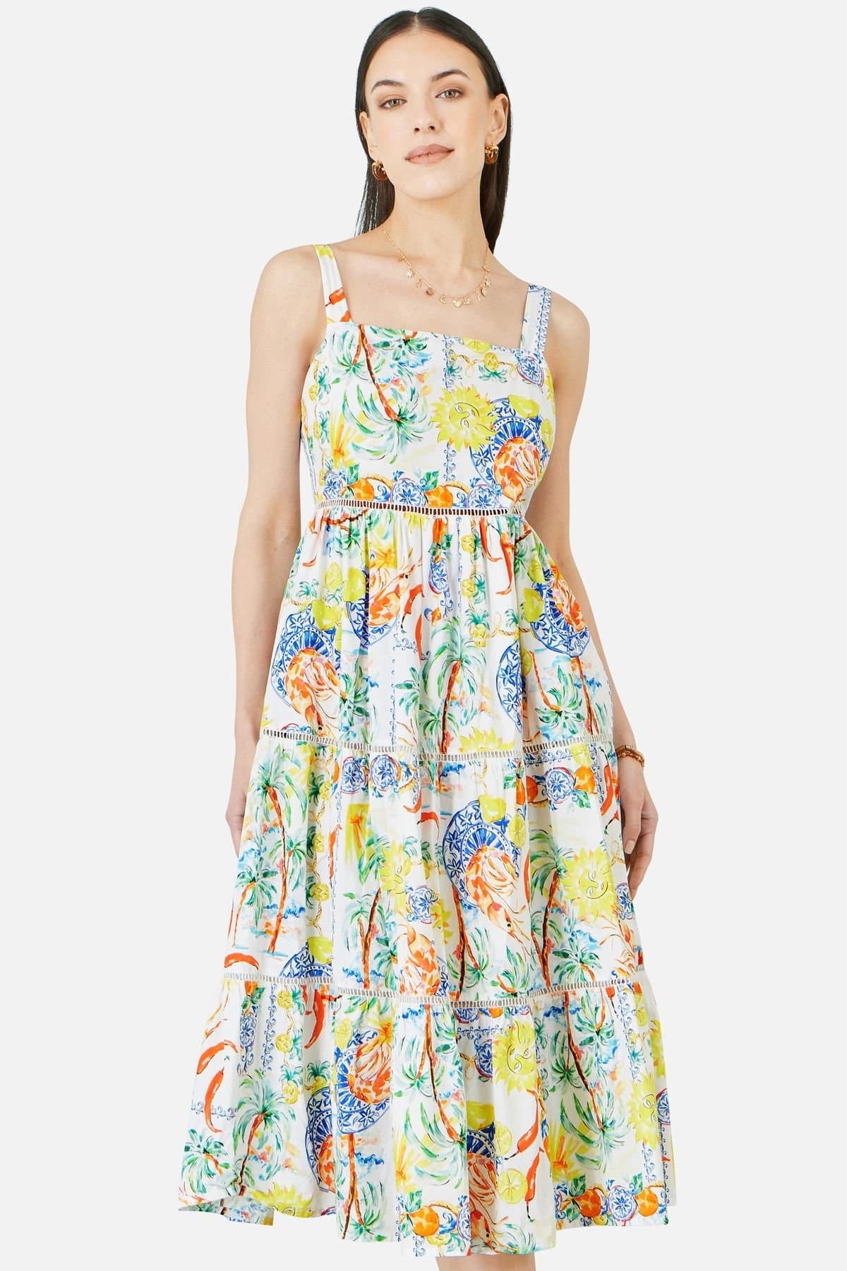 Yumi Yumi Women's White Mediterranean Print Cotton Midi Sun Dress in Natural White