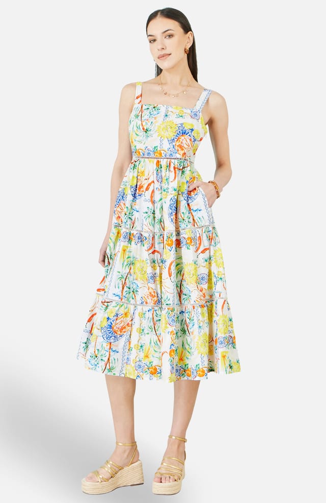 Yumi Yumi Women's White Mediterranean Print Cotton Midi Sun Dress in Natural White - 2