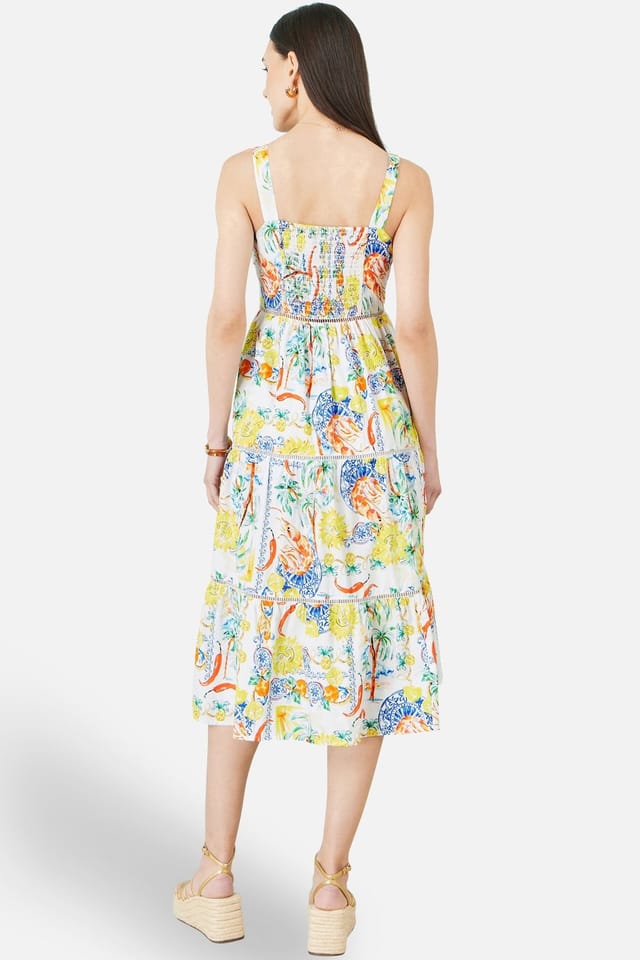 Yumi Yumi Women's White Mediterranean Print Cotton Midi Sun Dress in Natural White - 3