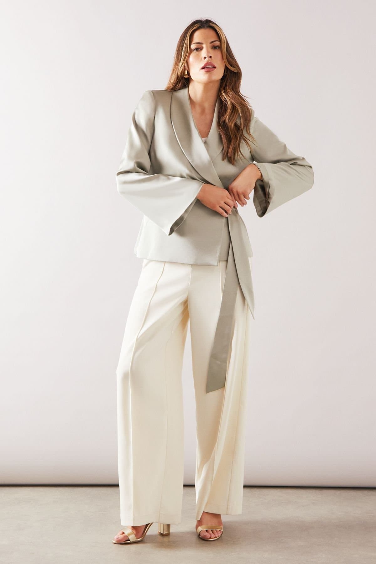 Wallis Wallis Women's Fluid Satin Wrap Tie Jacket in Sage