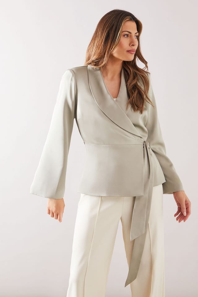 Wallis Wallis Women's Fluid Satin Wrap Tie Jacket in Sage - 2