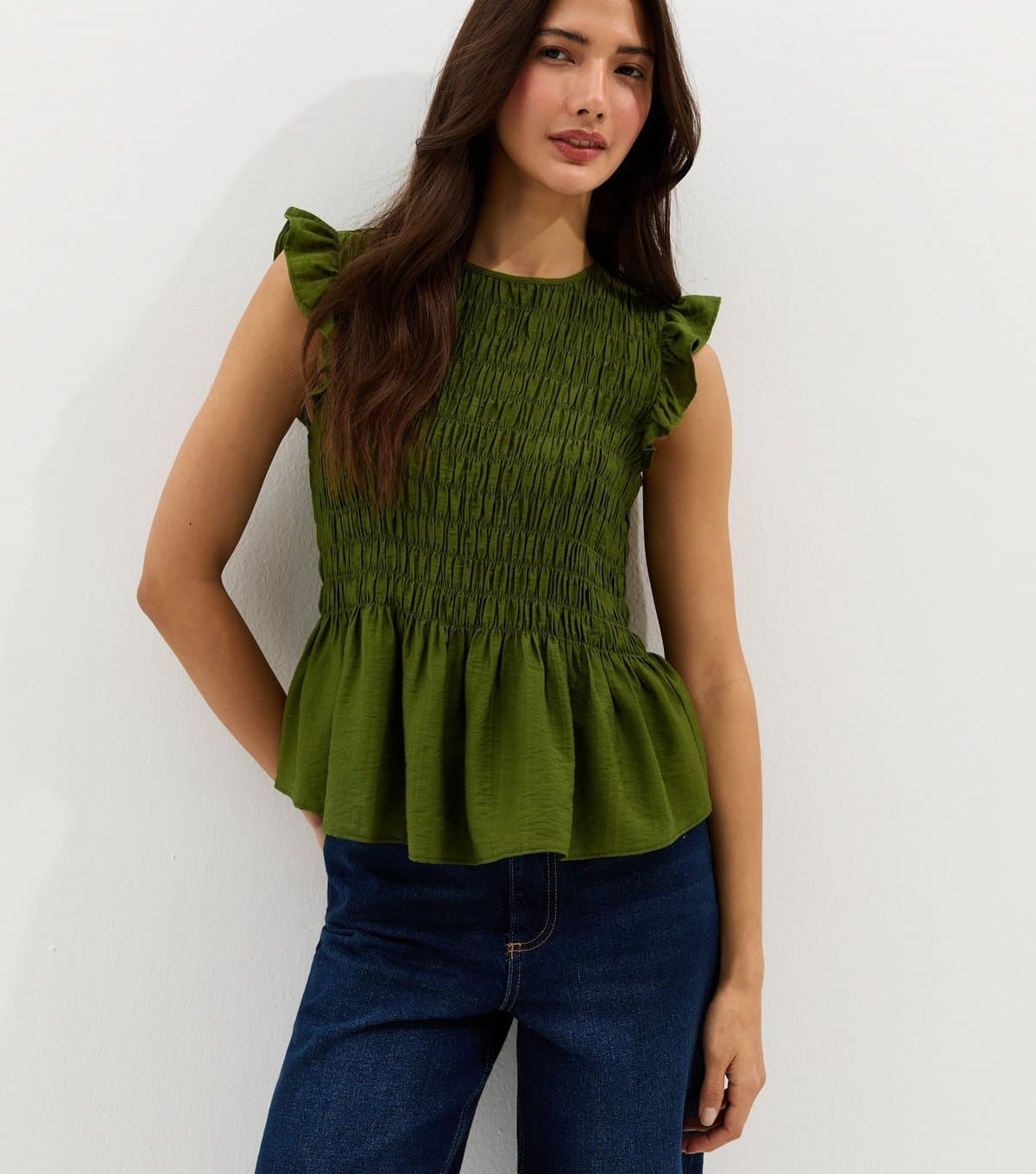 New Look Women's Green Shirred Sleeveless Frill Top New Look