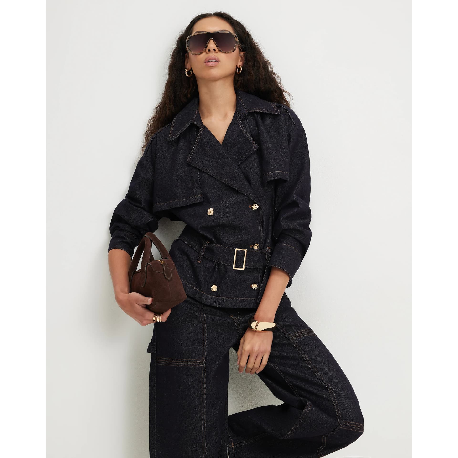 River Island River Island Womens Navy Denim Belted Trench Jacket