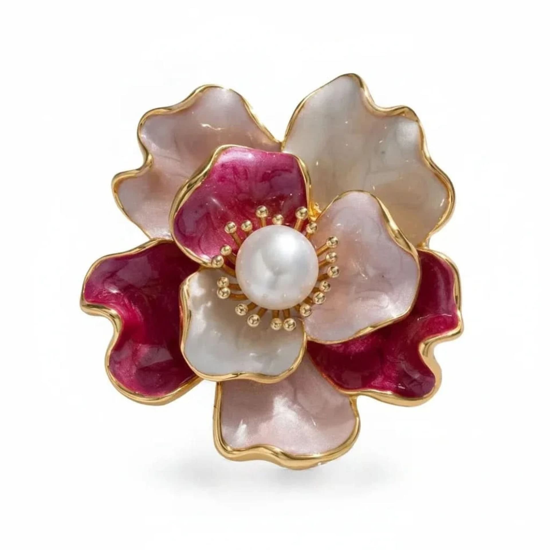 Angel Barocco Angel Barocco Women's Enamel Peony Freshwater Pearl Brooch Pink in Red