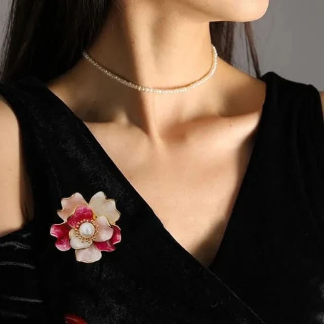 Angel Barocco Angel Barocco Women's Enamel Peony Freshwater Pearl Brooch Pink in Red - 2