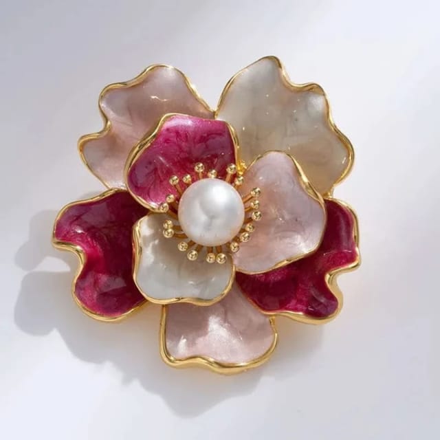 Angel Barocco Angel Barocco Women's Enamel Peony Freshwater Pearl Brooch Pink in Red - 3
