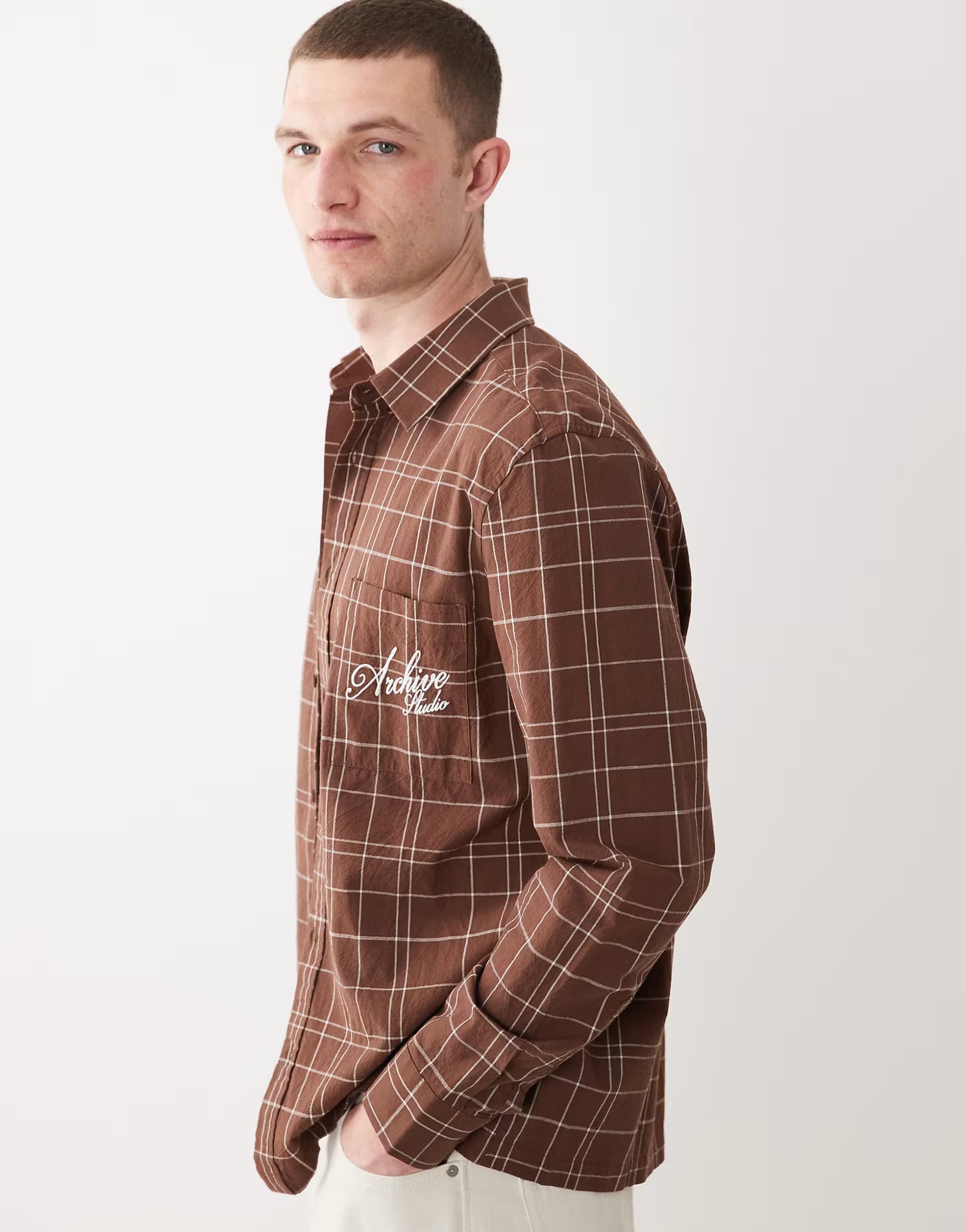 ASOS ASOS DESIGN regular fit check shirt with chest embroidery in brown