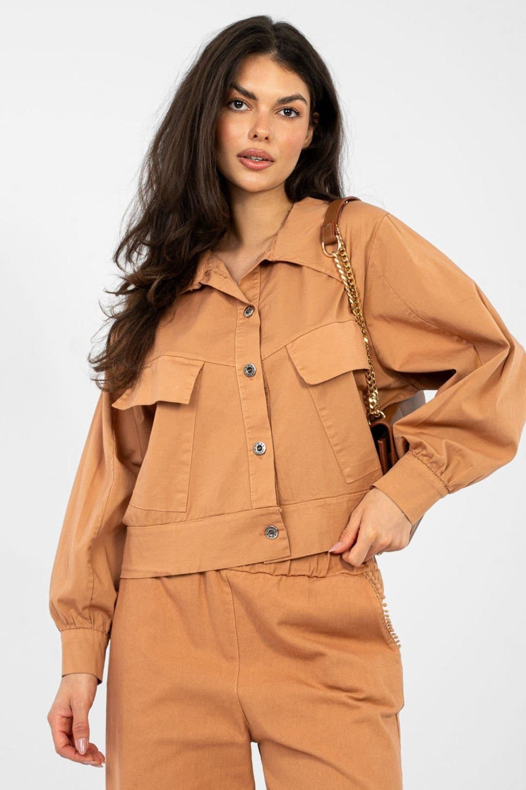Love Lace Love Lace Women's Long Sleeve Cotton Elastane Casual Pocket Shirt in Tan