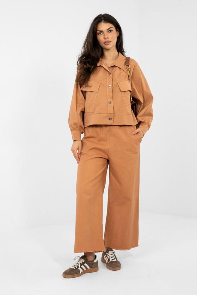 Love Lace Love Lace Women's Long Sleeve Cotton Elastane Casual Pocket Shirt in Tan - 2