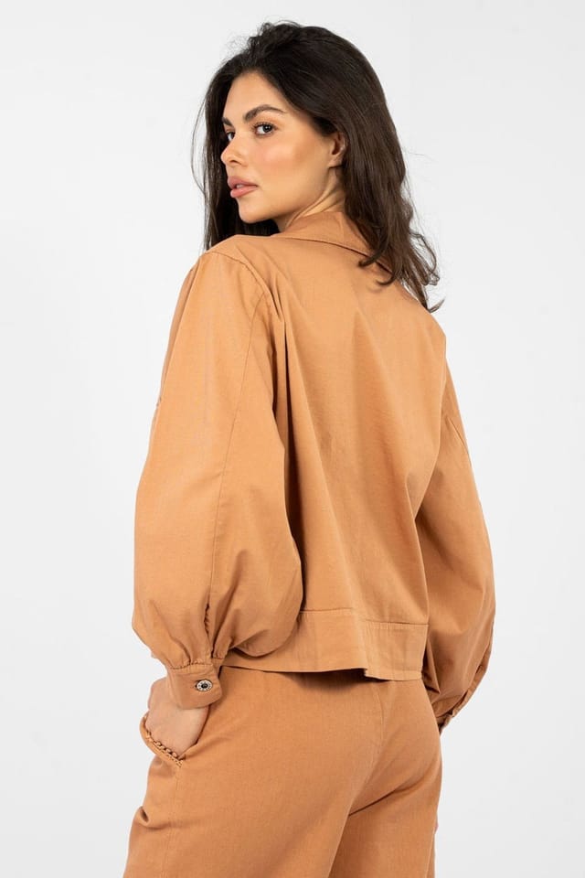 Love Lace Love Lace Women's Long Sleeve Cotton Elastane Casual Pocket Shirt in Tan - 3