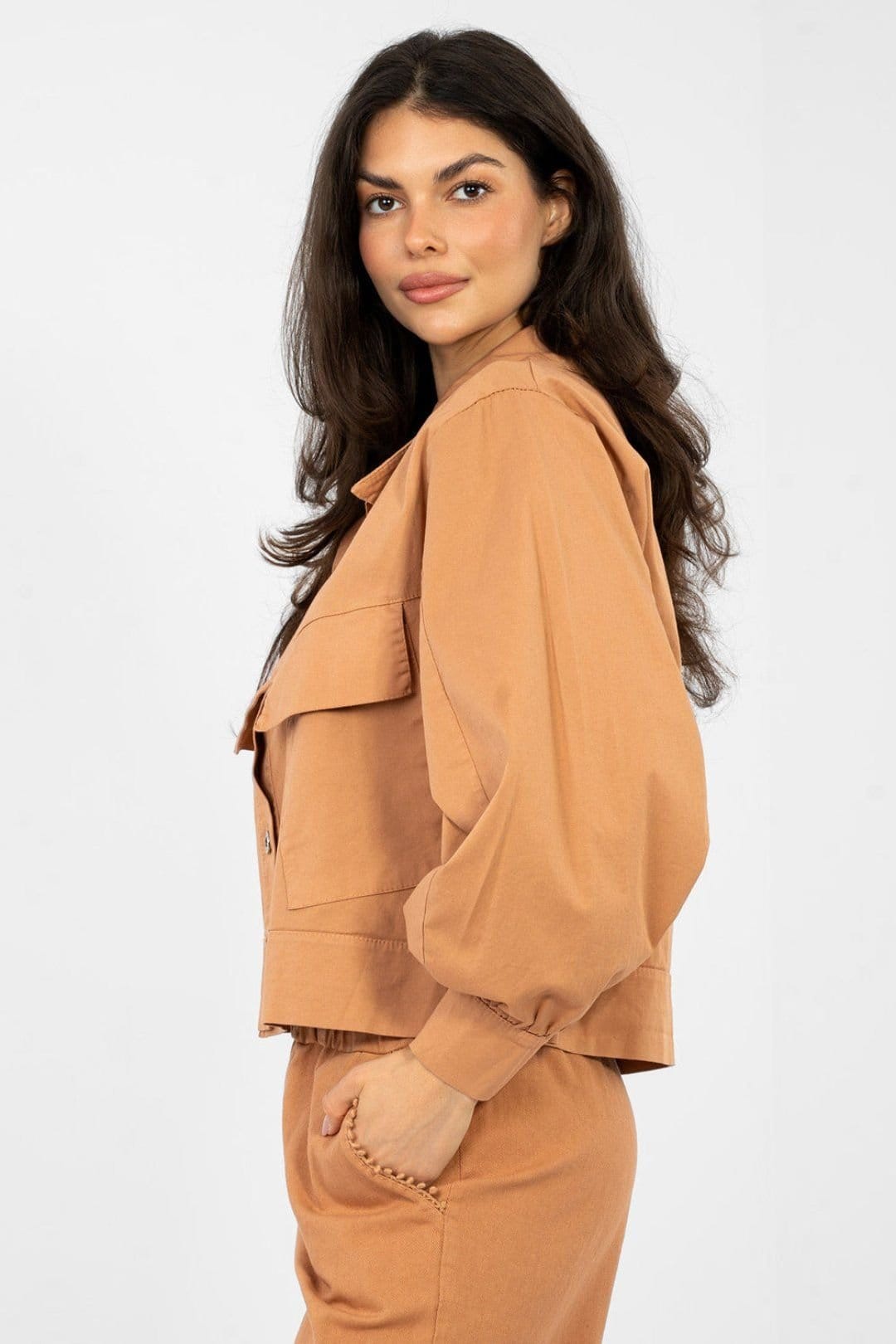 Love Lace Love Lace Women's Long Sleeve Cotton Elastane Casual Pocket Shirt in Tan - 4