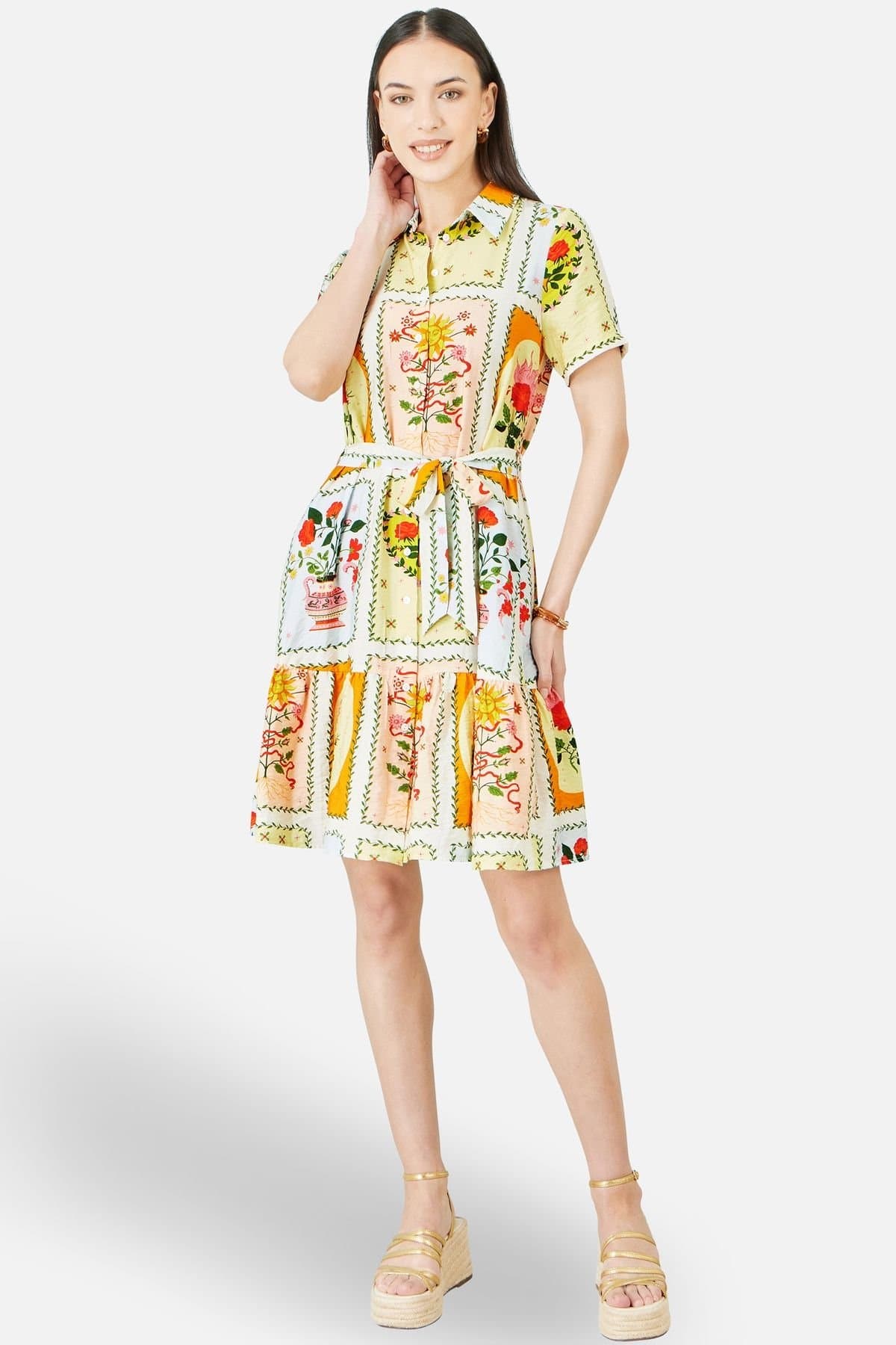 Yumi Yumi Women's Multicolour Sun Patchwork Print Shirt Dress in Ecru