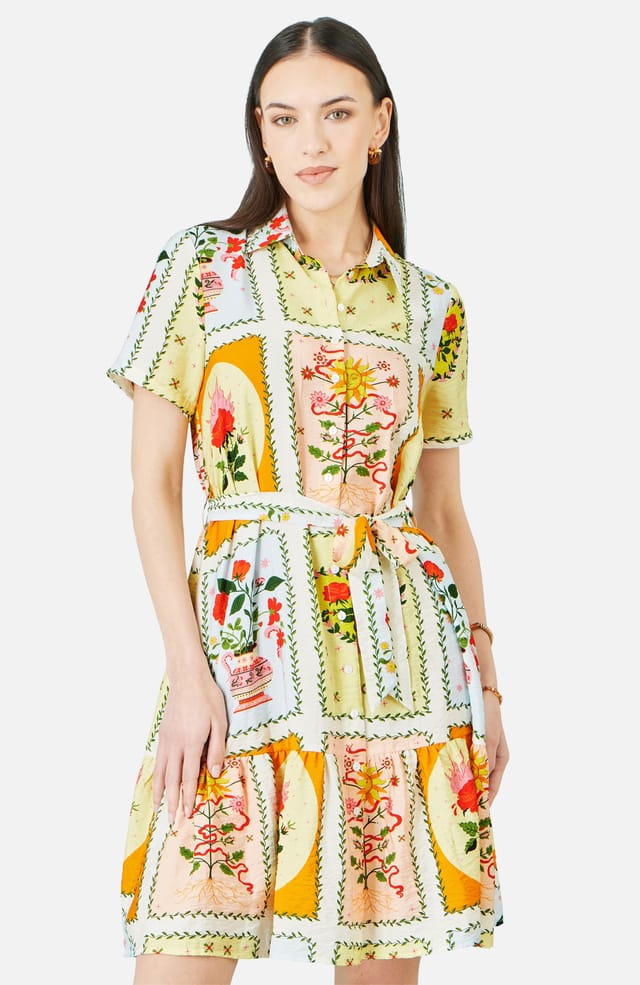 Yumi Yumi Women's Multicolour Sun Patchwork Print Shirt Dress in Ecru - 2