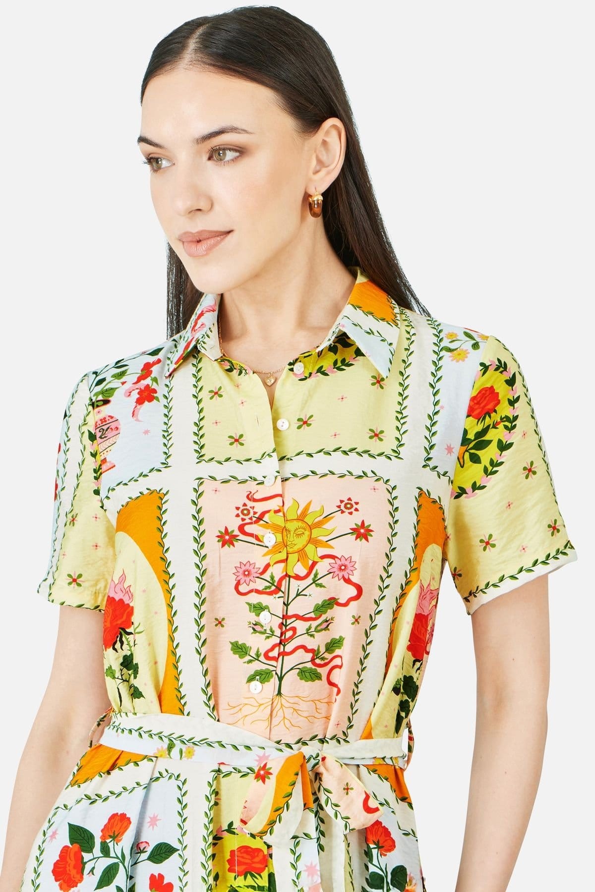 Yumi Yumi Women's Multicolour Sun Patchwork Print Shirt Dress in Ecru - 4