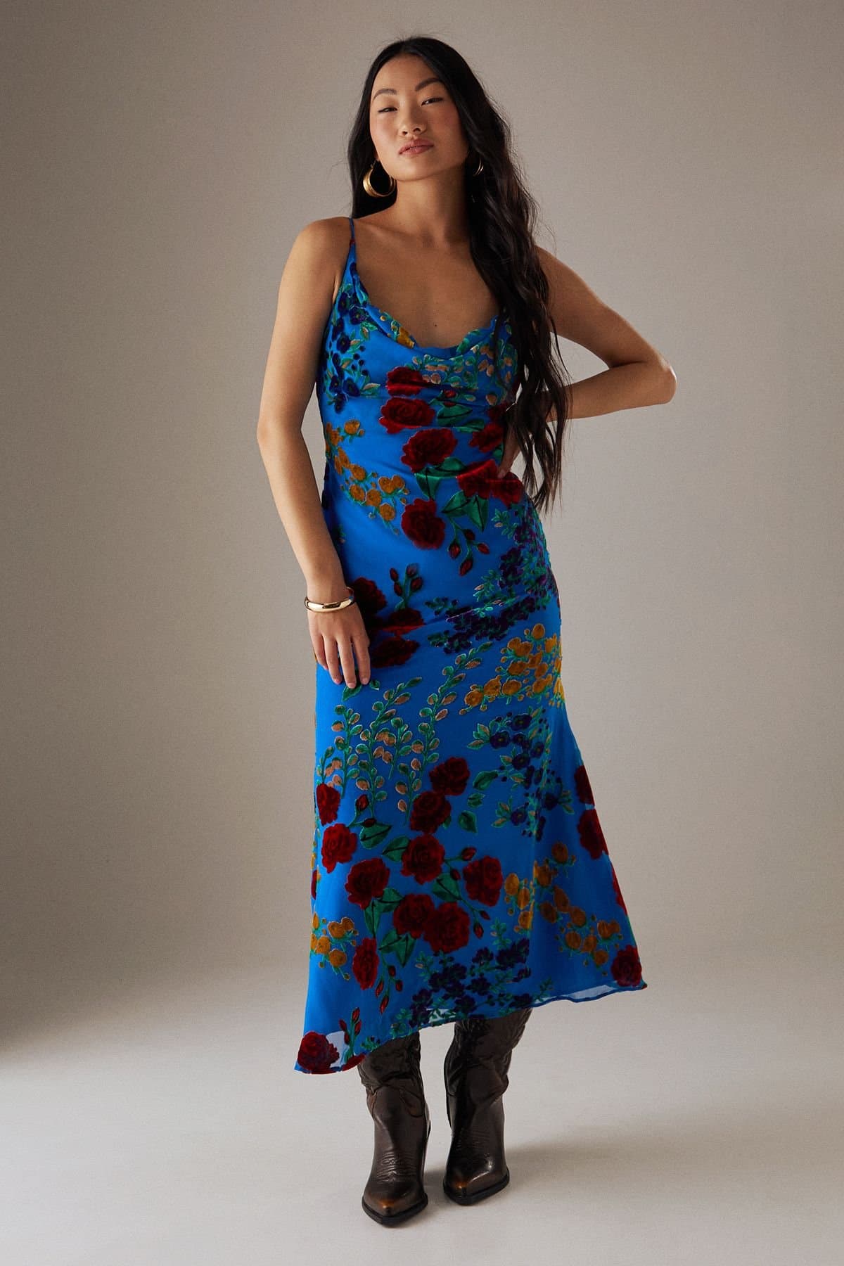 Warehouse Warehouse Women's Petite Premium Burnout Cowl Neck Strappy Midi Slip Dress in Blue