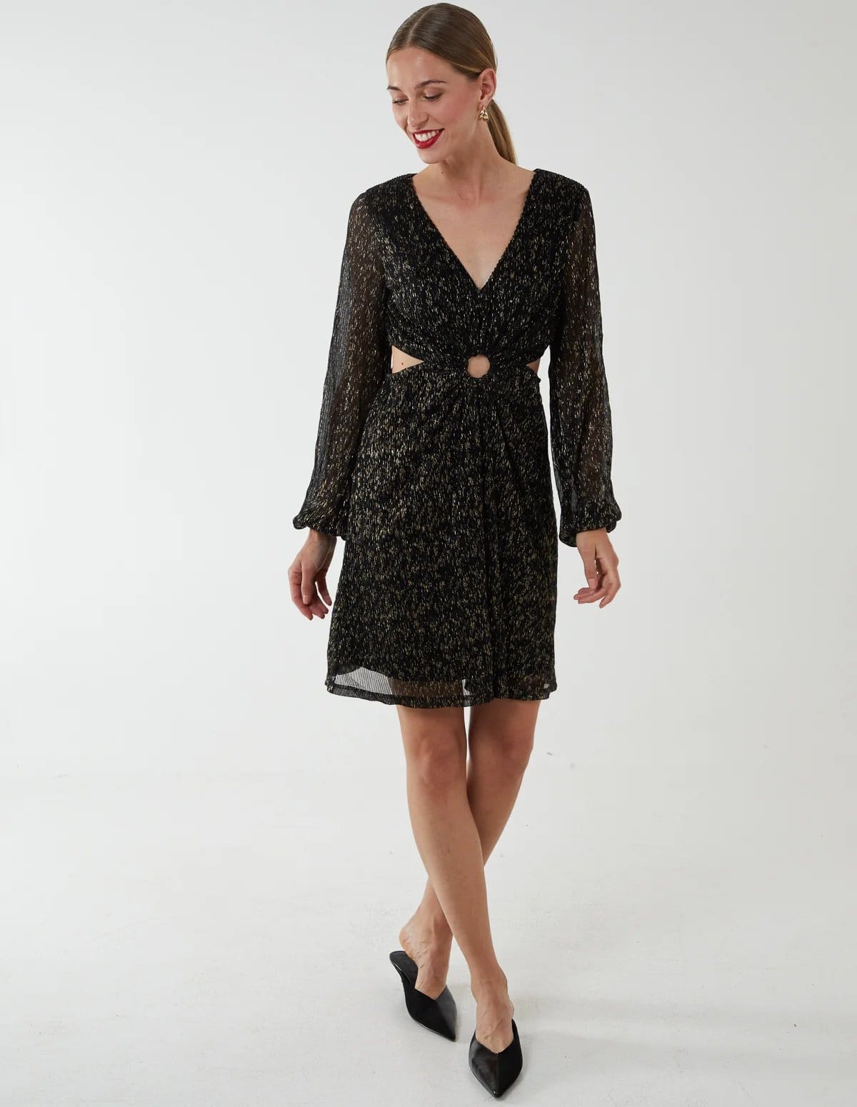 Blue Vanilla V-Neck Long Sleeve Metallic Dress - 4