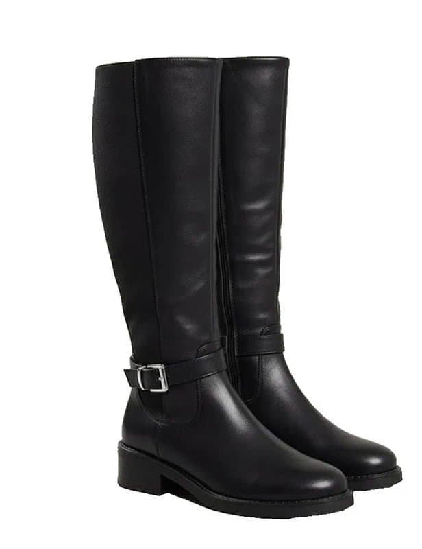 No Doubt Knee High Black Boots UK 3 Riding Style Faux Leather Low Heel Elasticated Buckle