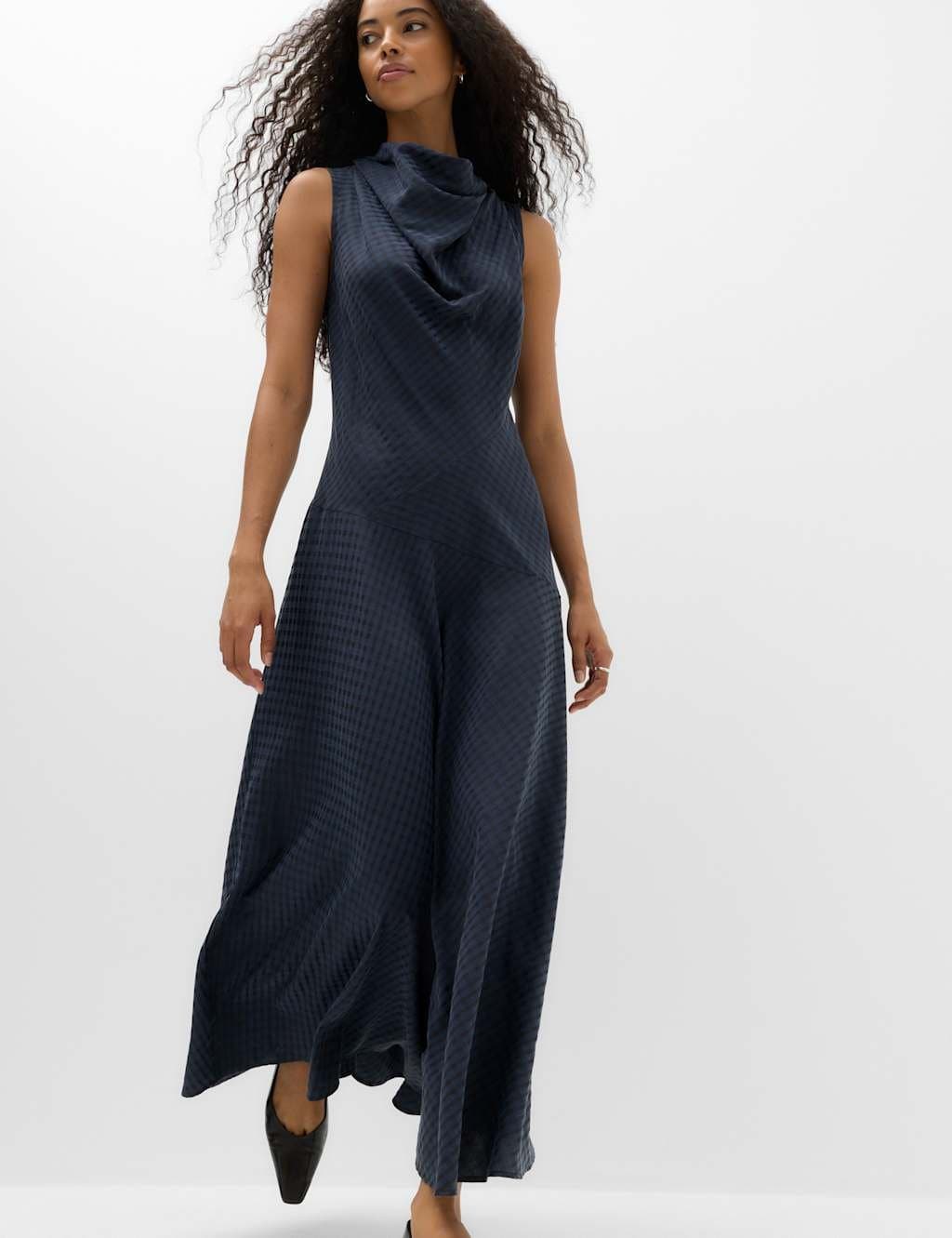Marks & Spencer M&S Lyocell Rich Checked Cowl Neck Midi Skater Dress Navy Mix