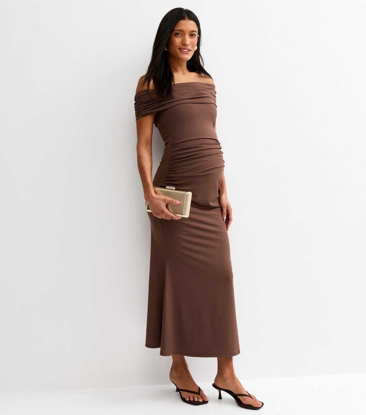 New Look Women's Maternity Dark Brown Off Shoulder Midi Dress New Look