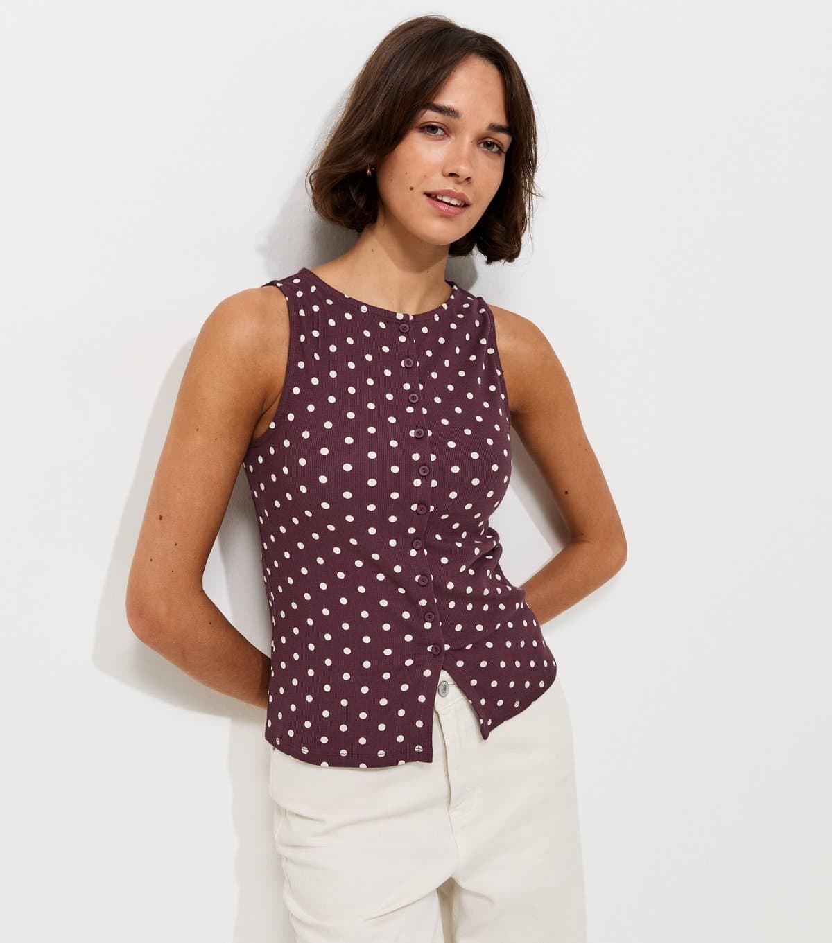 New Look Women's Purple Polka Dot Button Through Sleeveless Top New Look