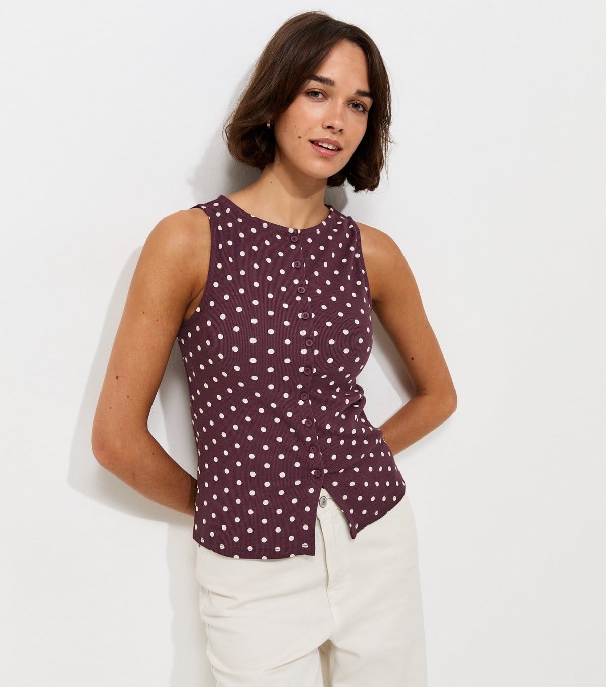 Women's Purple Polka Dot Button Through Sleeveless Top New Look