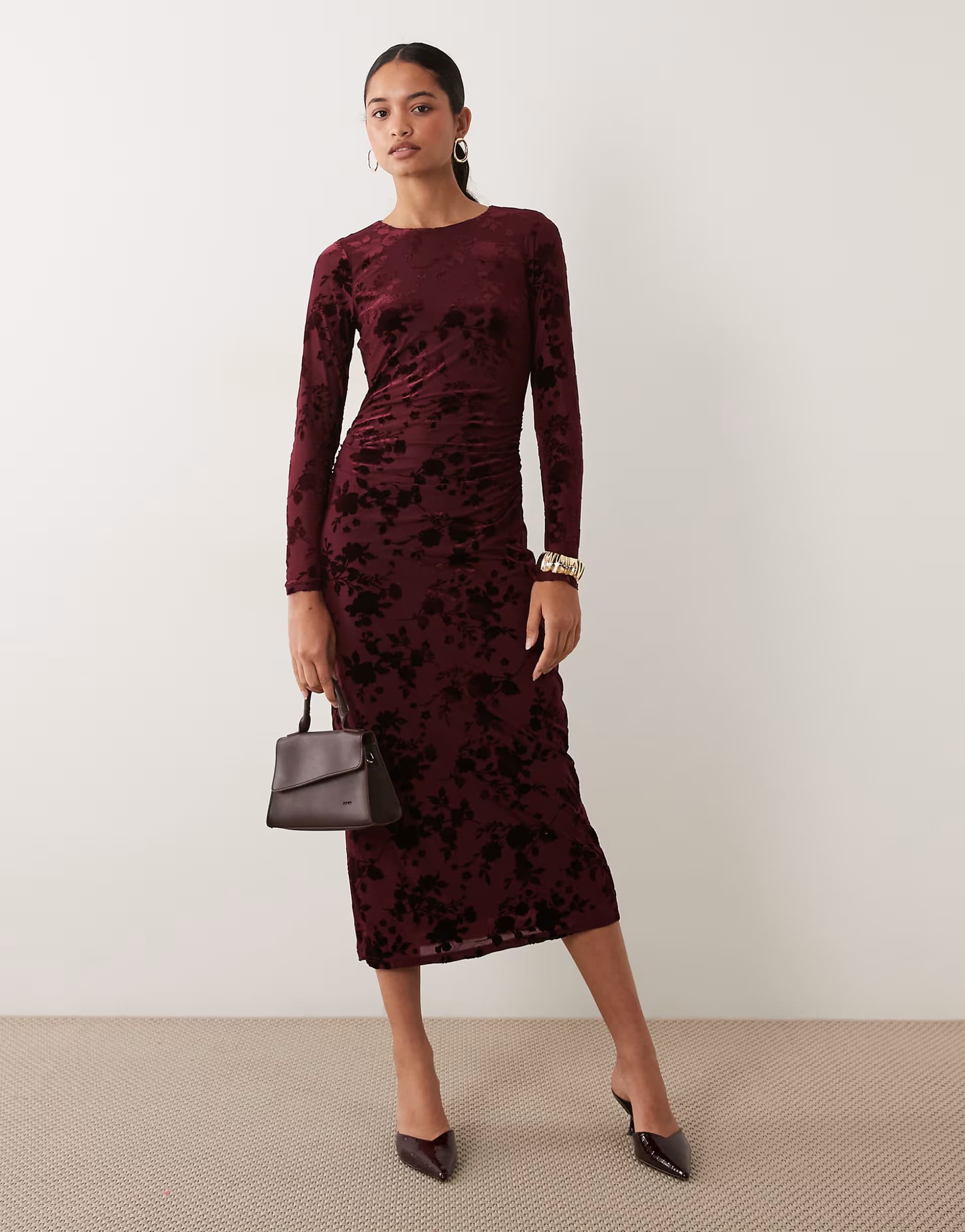 ASOS New Look long sleeve flocked midi dress in burgundy