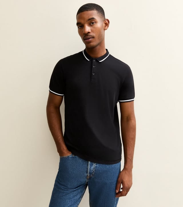 New Look Men's Black Regular Contrast Tipping Pique Polo Top New Look - 2