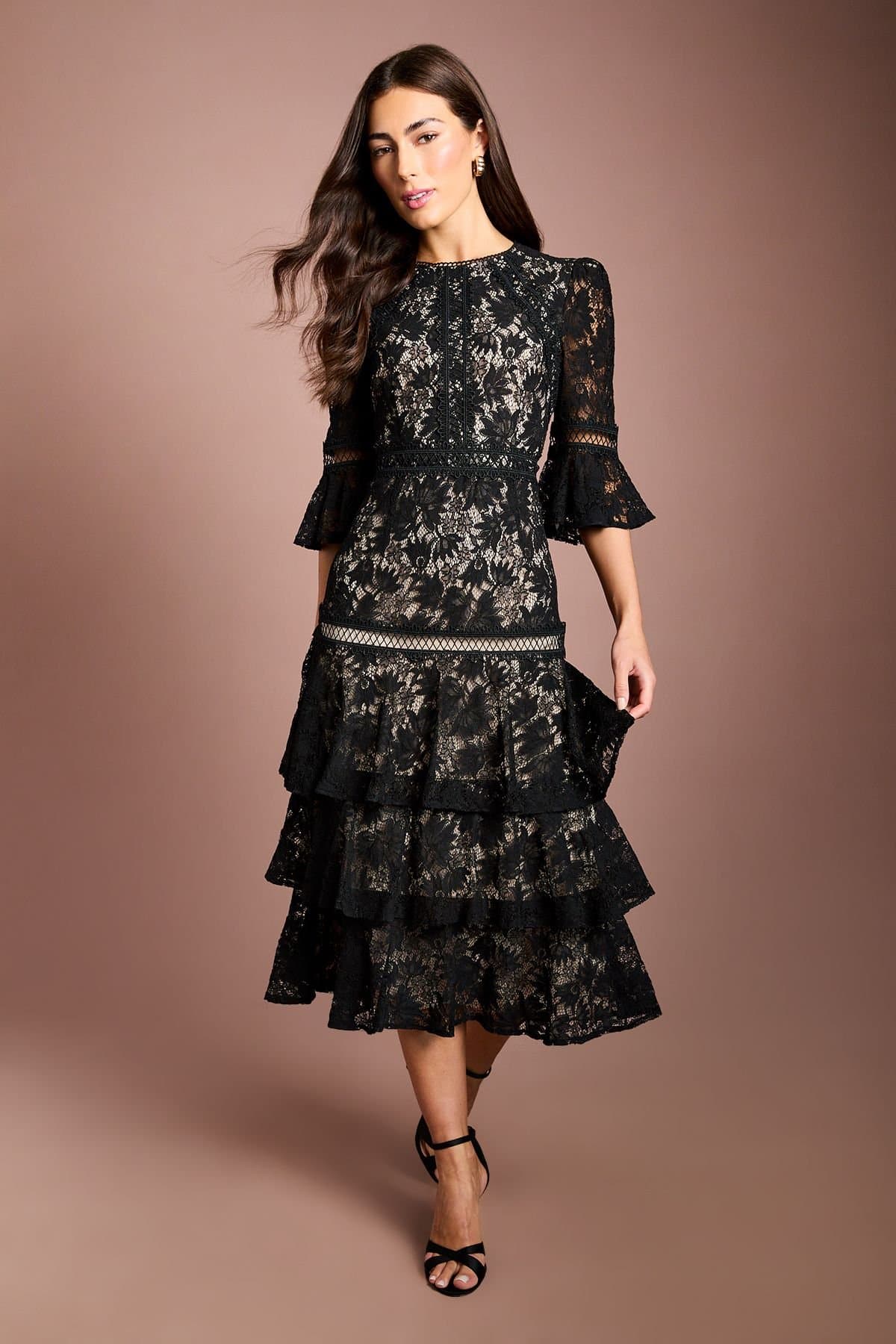 Coast Coast Women's Lace Tiered Skirt 3/4 Sleeve Midi Dress in Black/Nude