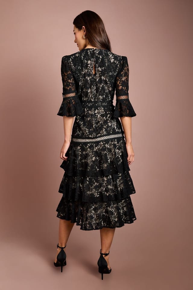 Coast Coast Women's Lace Tiered Skirt 3/4 Sleeve Midi Dress in Black/Nude - 3