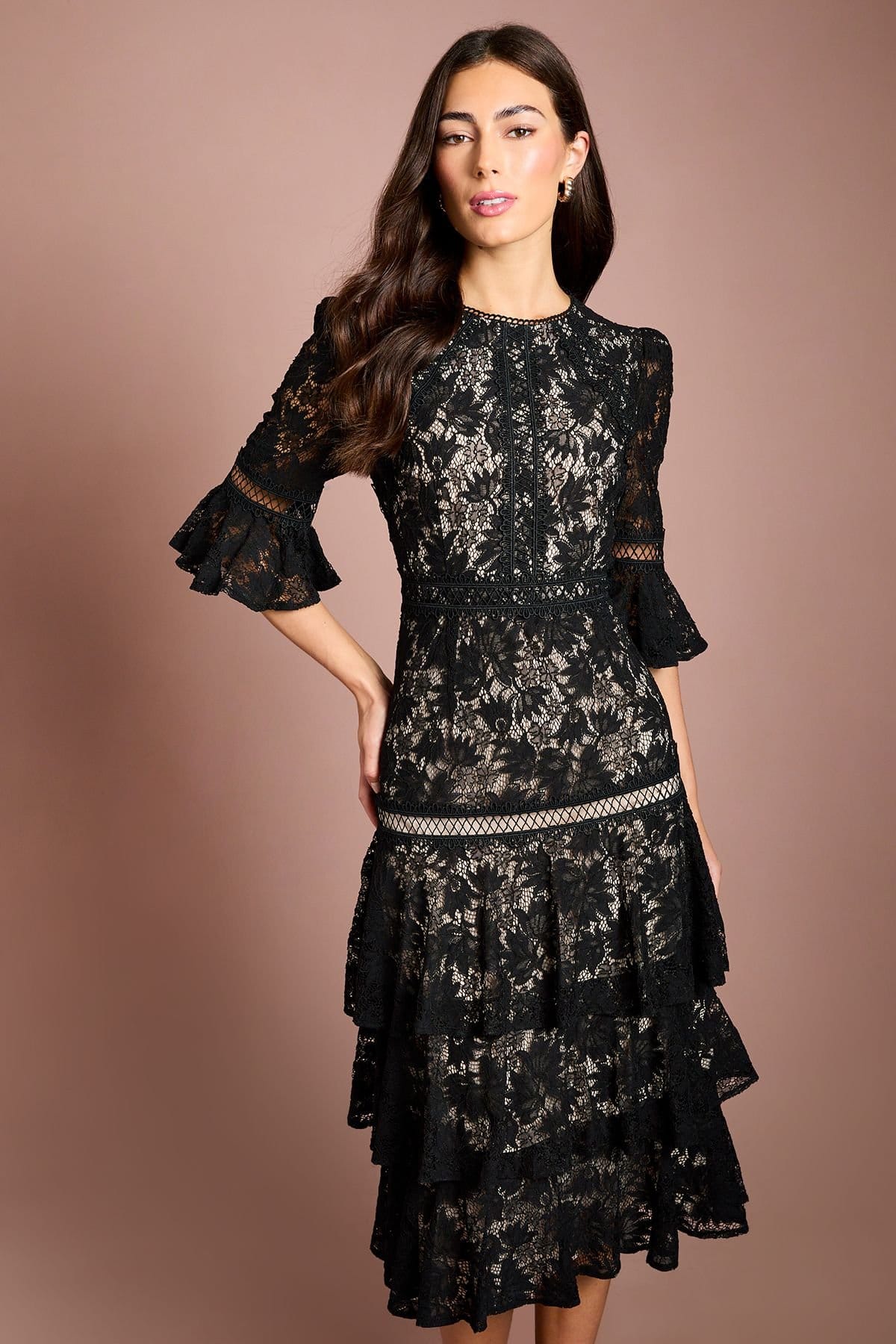 Coast Coast Women's Lace Tiered Skirt 3/4 Sleeve Midi Dress in Black/Nude - 4