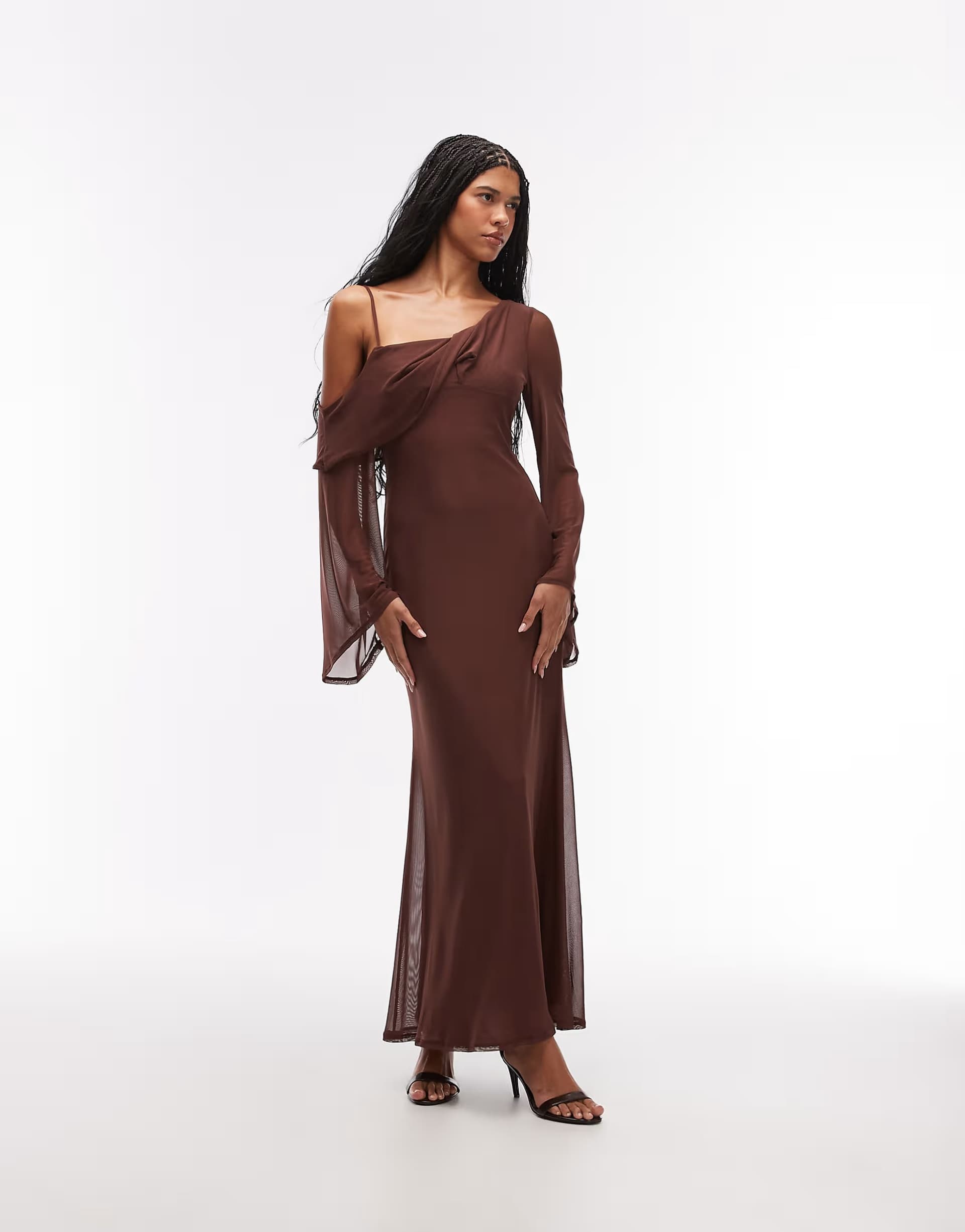 ASOS ASOS DESIGN mesh folded neckline maxi dress with fallen shoulder in chestnut
