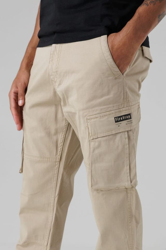 Firetrap Firetrap Men's Cotton Stretch Utility Cargo Trousers with Oversized Pockets in Beige - 3
