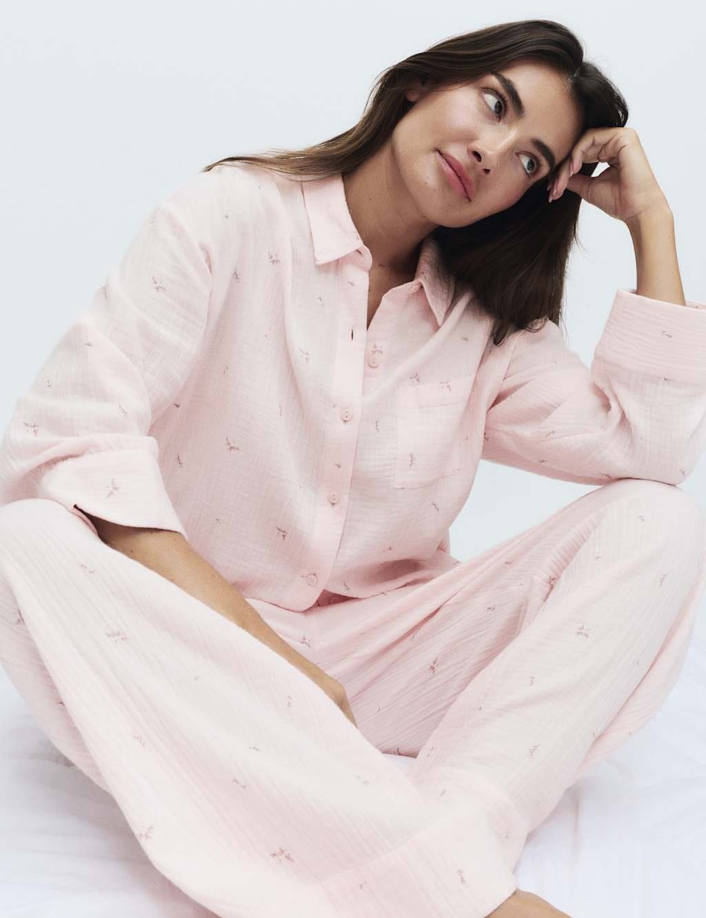 Marks & Spencer M&S Pure Cotton Muslin Floral Pyjama Set Pink Mix