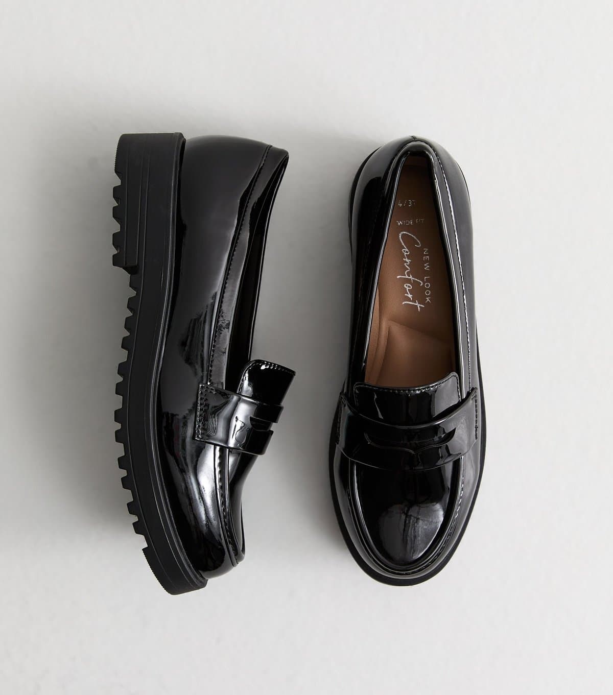 New Look Women's Wide Fit Black Patent Faux Leather Chunky Penny Loafers Vegan New Look