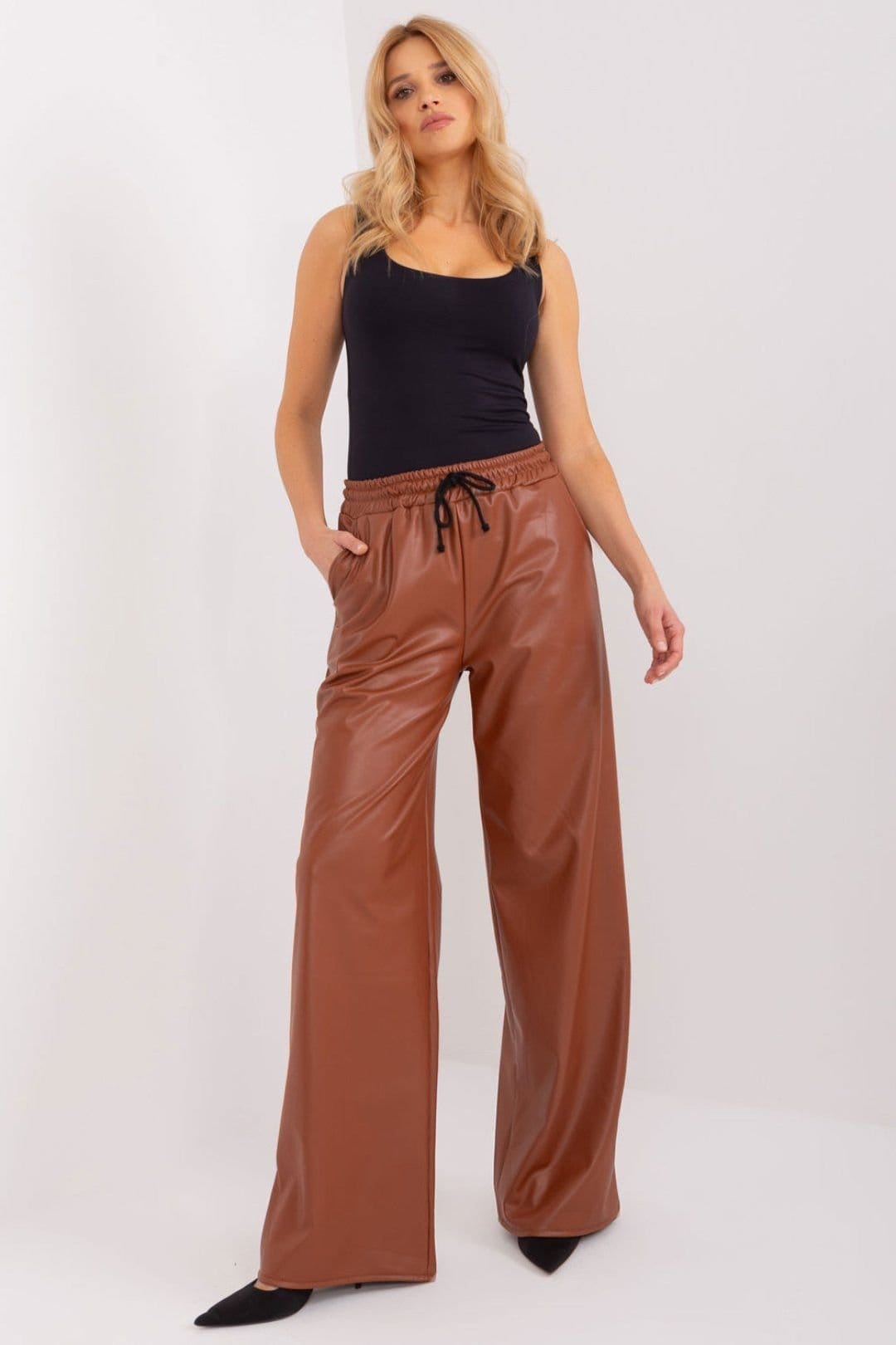 Love Lace Brown Insulated Leather Long Pants with Side Pockets