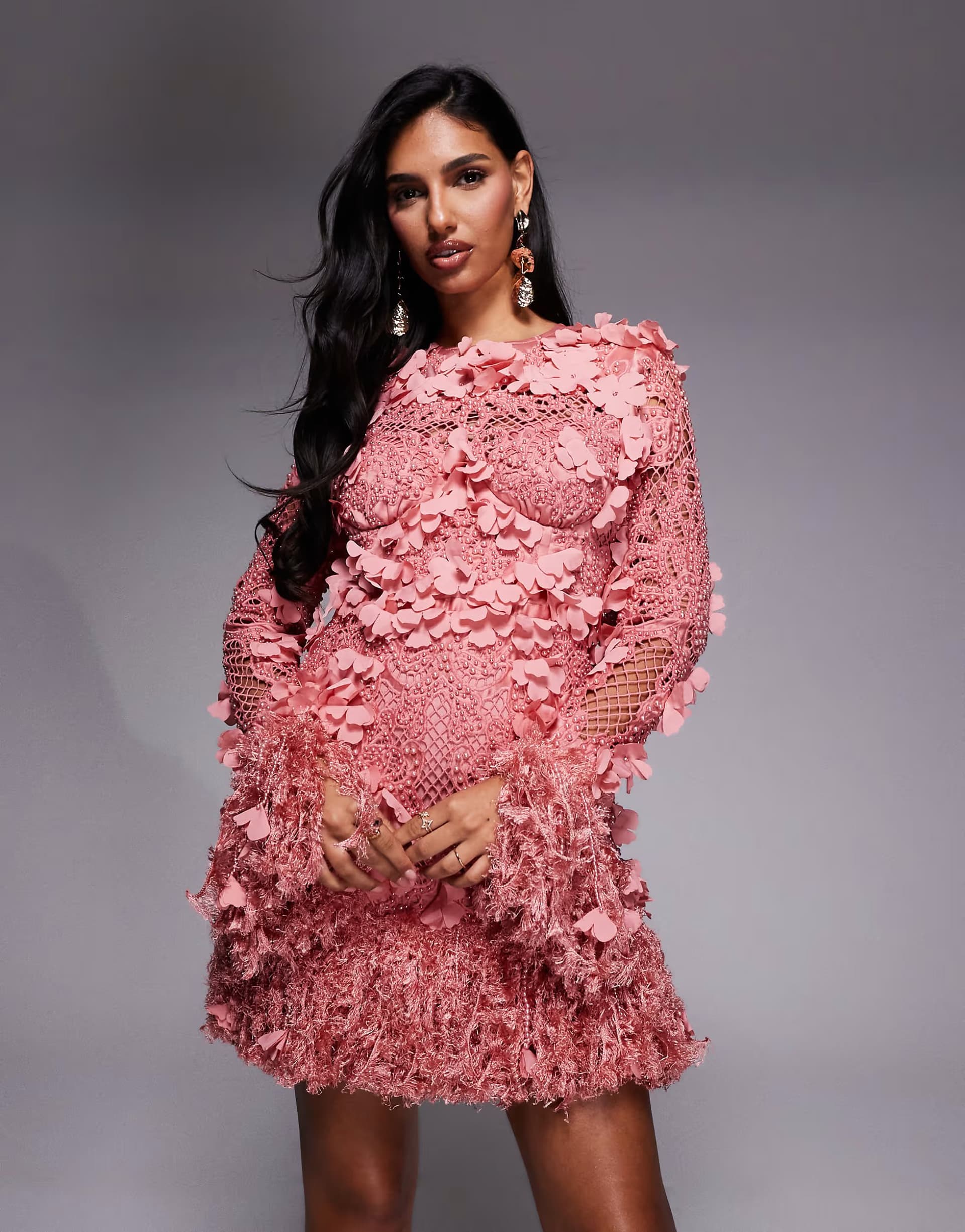 ASOS ASOS LUXE 3D floral embellished broderie mini dress with faux feather trim in pink
