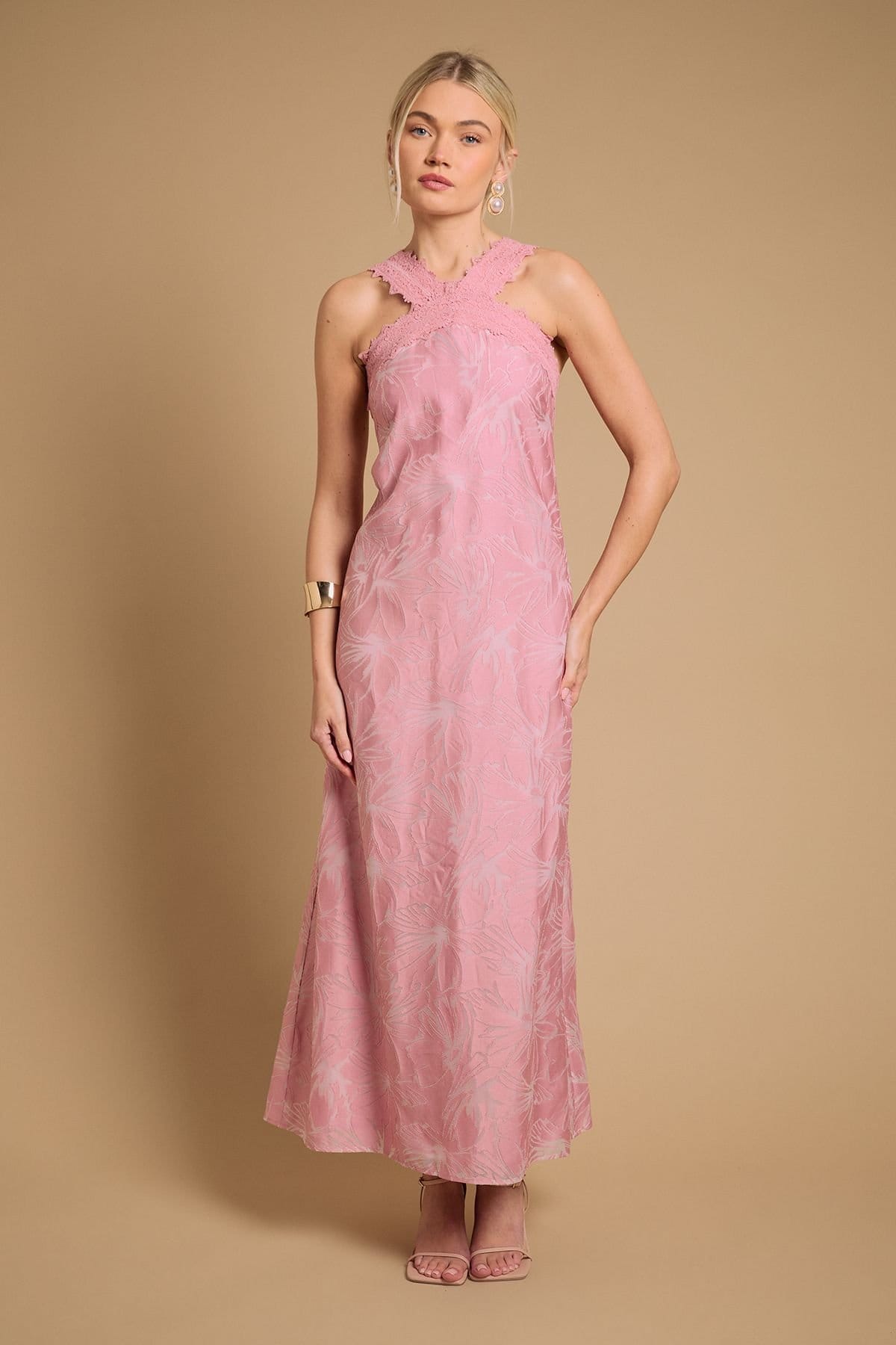 Oasis Rose Pink Lace-Trim Halterneck Maxi Dress