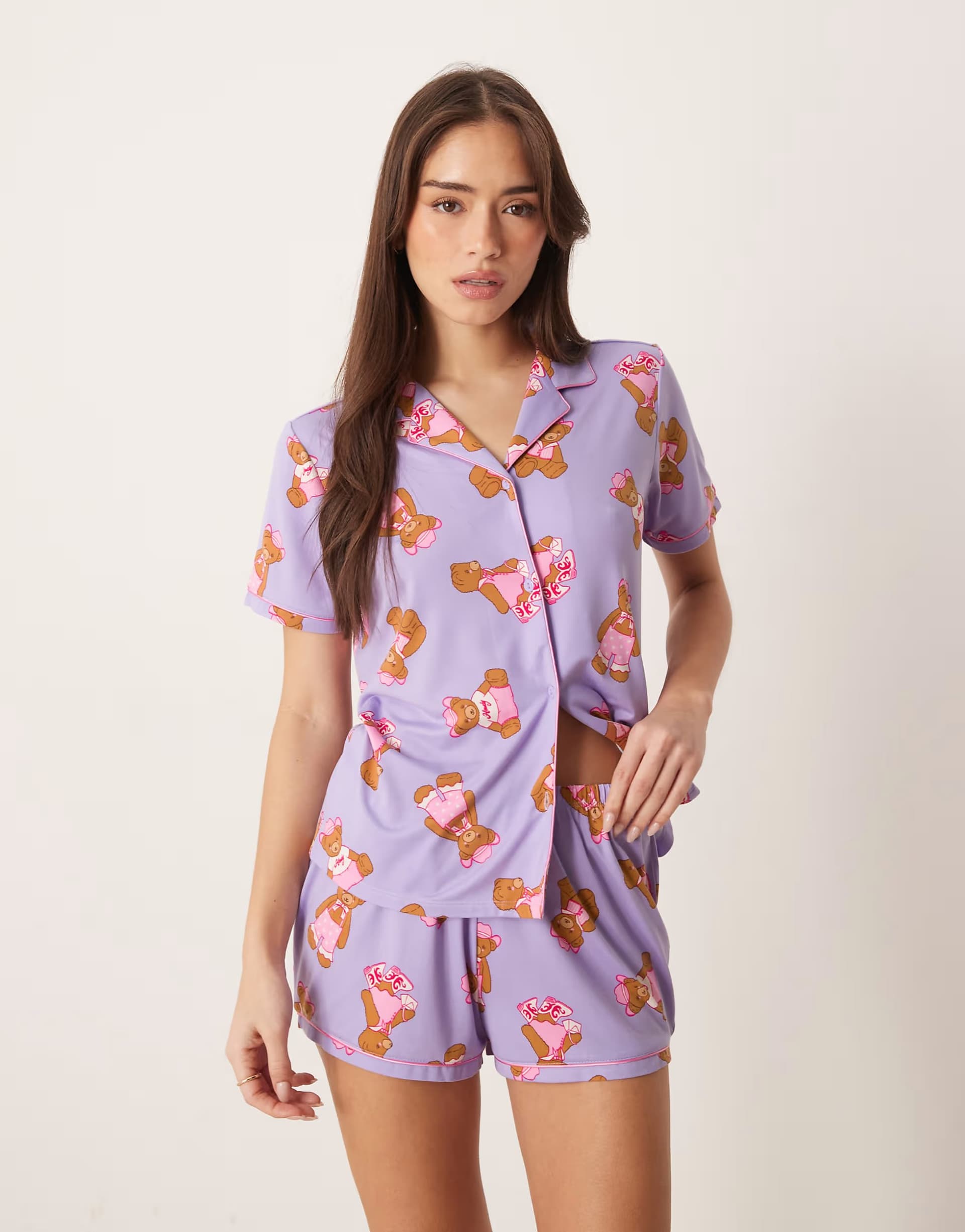 ASOS Urban Threads jersey revere top and short pyjama set in cowboy teddy print in lilac