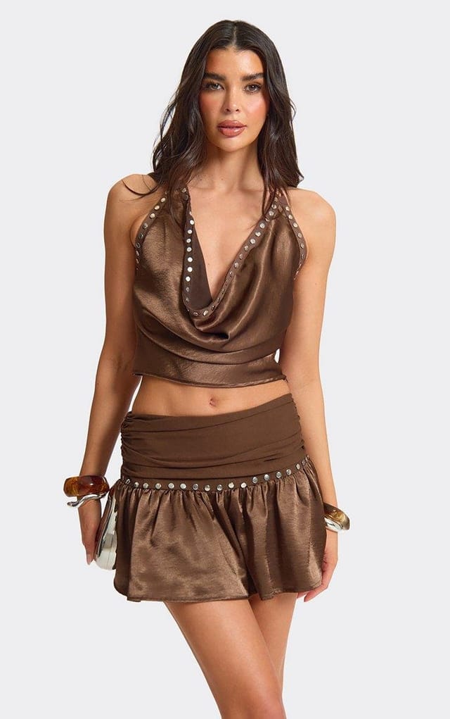 EGO Halter Cowl Neck Studded Top In Brown Satin, Women's Size UK L - 2