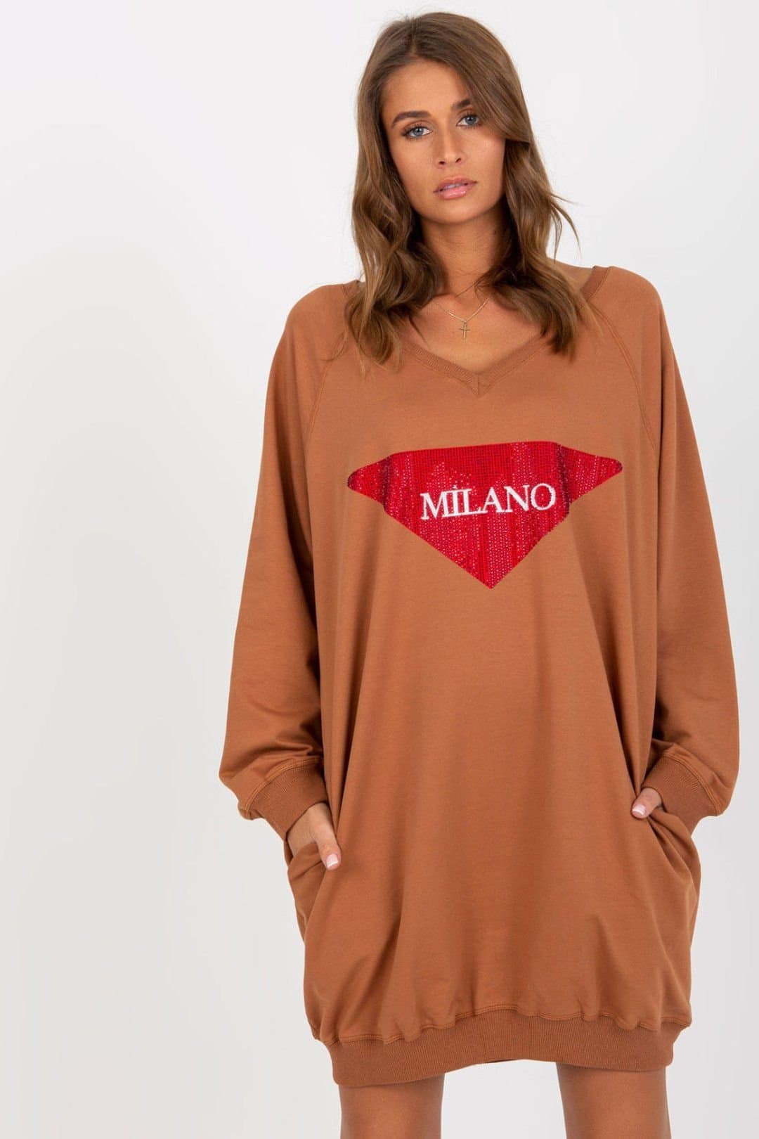 Love Lace Love Lace Women's Long V Neck Sweatshirt with Jet Stone Print in Brown